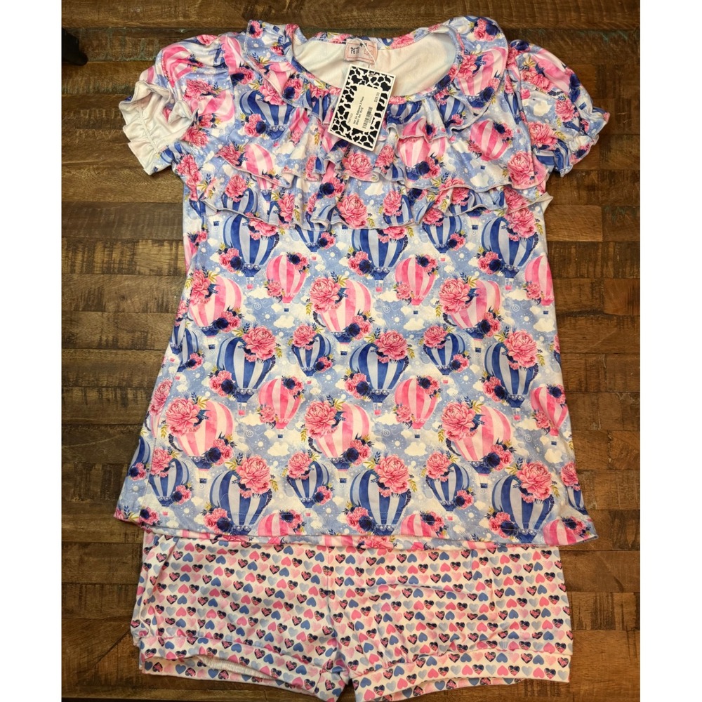 Pete + Lucy Kids Hot Air Balloons 2 Piece Short Set Blue Pink Hearts Size 10/12